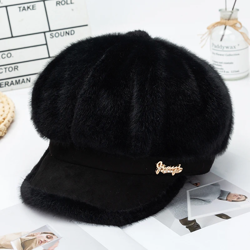 

[Onidfurow] aux velvet Women Beret Autumn Winter Octagonal Cap Hats Stylish Artist Painter Newsboy Caps Black Grey Beret Hats A