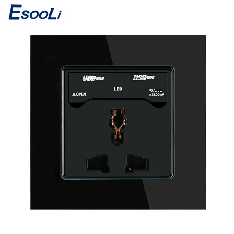 Esooli 86 Тип Хрустальная стеклянная панель 13A 250V Универсальная Розетка с двойное зарядное устройство usb порт выход 2.1A с Светодиодный индикатор
