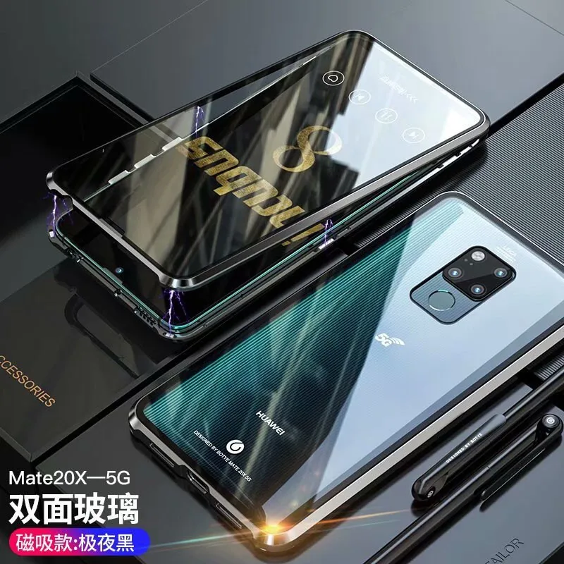 Для huawei mate 20X5G 20 Pro Lite 20X 20pro 20lite чехол 360 Магнитная Адсорбция передняя+ задняя Двусторонняя 9H чехол из закаленного стекла - Цвет: Black