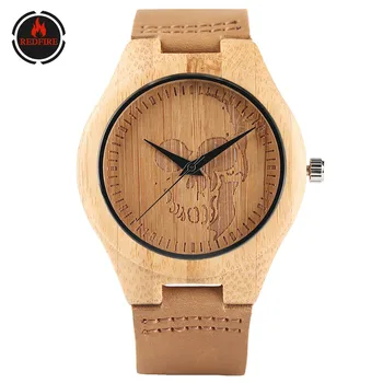 

REDFIRE Punk Fashion Engraving Skull Display Bamboo Wood Watch Quartz Genuine Leather Wristwatch Creative Natural Wooden Clock