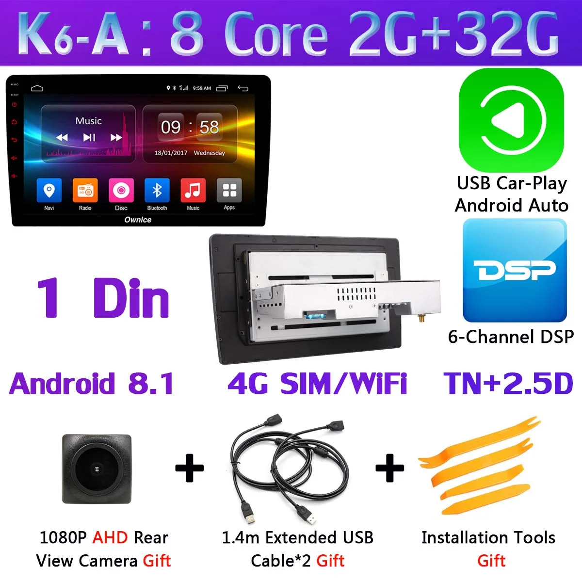 1 Din-K6-A-CarPlay Ownice K6 ультратонкий 1 din Универсальный 4 SIM LTE WiFi 8Core Android 8,1 4G+ 64G Автомобильный мультимедийный плеер радио gps SPDIF DSP CarPlay - Цвет: 1 Din-K6-A-CarPlay