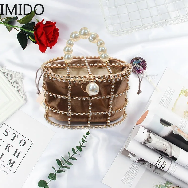 

IMIDO 2019 New Rhinestone Metal Canvas Birdcage Portable Dinner Bag Pearl Portable Evening Bag Evening Clutch Bags Luxury Bag