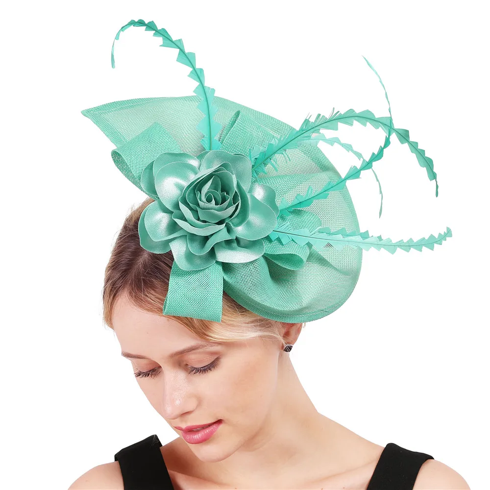 

cocktail hat flowers copy Sinamay fascinators hats with feather for summer emerald green Kentucky Derby wedding party race Event