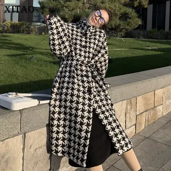 

XITAO Tide Plus Size Plaid Bandage Blend Women Clothes 2019 Autumn and Winter Vintage Stand Collar Single Breasted Coat DMY1097