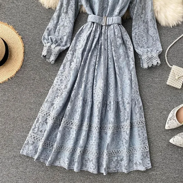 Elegant Stand Collar Women Lace Dress Sweet Hollow Out Slim Long Sleeve Midi Long Dress 2021 Spring High waist Party Vestidos 6