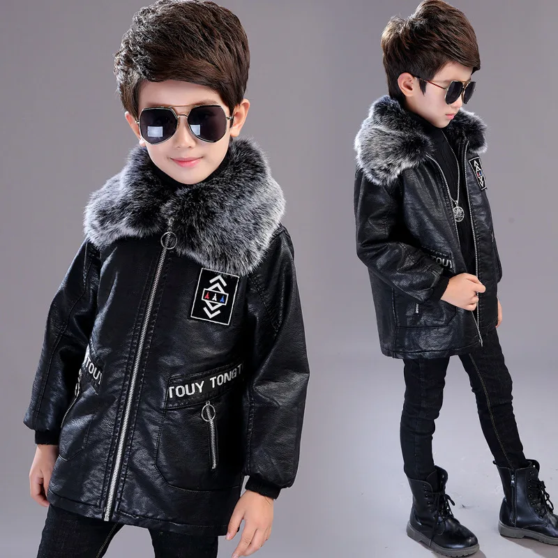 Новые детские кожаные куртки зимние Утепленные кожаные куртки для мальчиков детские длинные бархатные пальто с капюшоном - Цвет: black