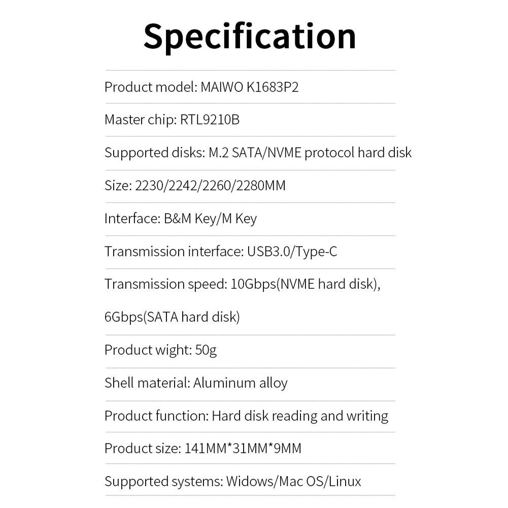 K1683P2 M.2 SSD Case Aluminum Alloy NVME Solid State Drive SATA Enclosure to USB 3.2 Type C Hard Disk Box 3.5 hdd external case usb 3.0