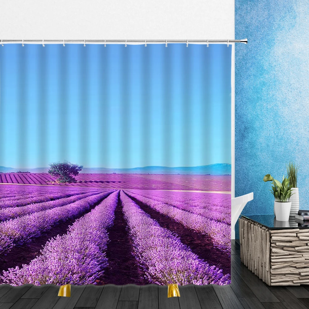 

3D Print Flowers Lavender Shower Curtains Field Scenery Bathroom Decor Home Frabic Waterproof Polyester Bath Curtain With Hooks