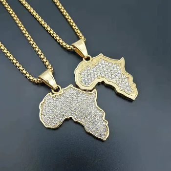 

Hip Hop Rock Rhinestones Paved Bling Iced Out Gold Color Stainless Steel Africa Map Pendants Necklaces for Men Rapper Jewelry