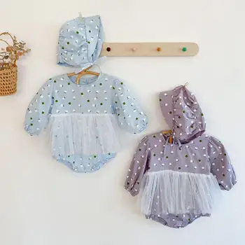 

Baby Girls Bodysuit Floral Printed Long Sleeve Jumpsuit Mesh Skirts Autumn Baby Girl Clothes With Hat