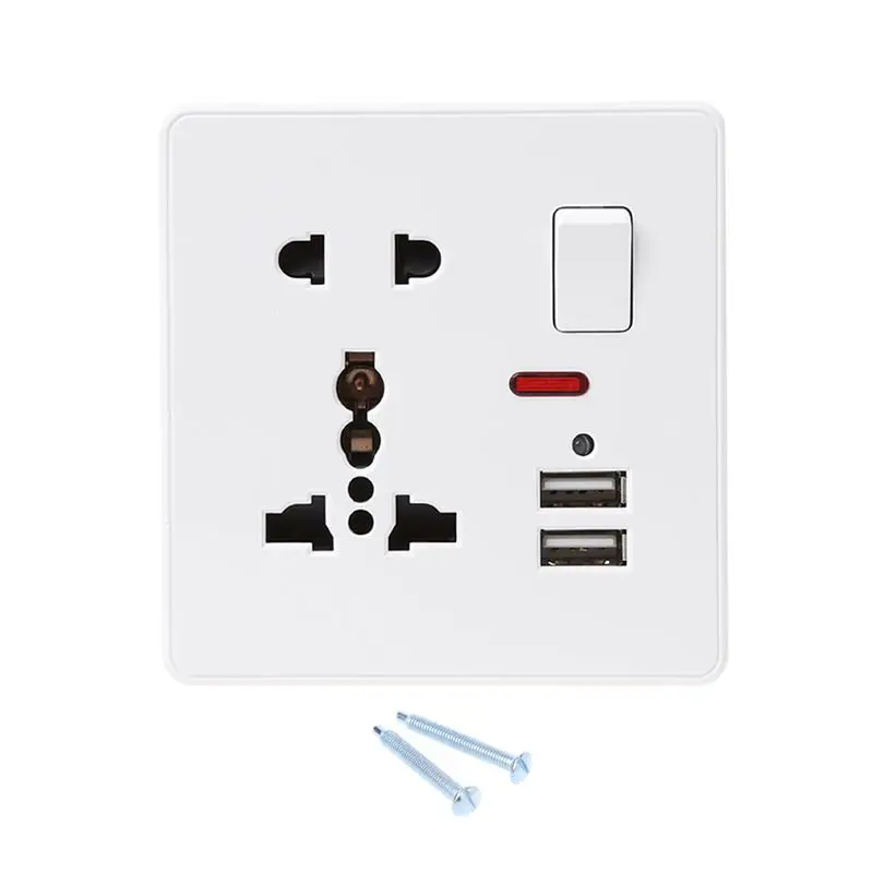 

Wall Socket With LED Light Switch 86 Type 5 Holes Double USB White PC Panel