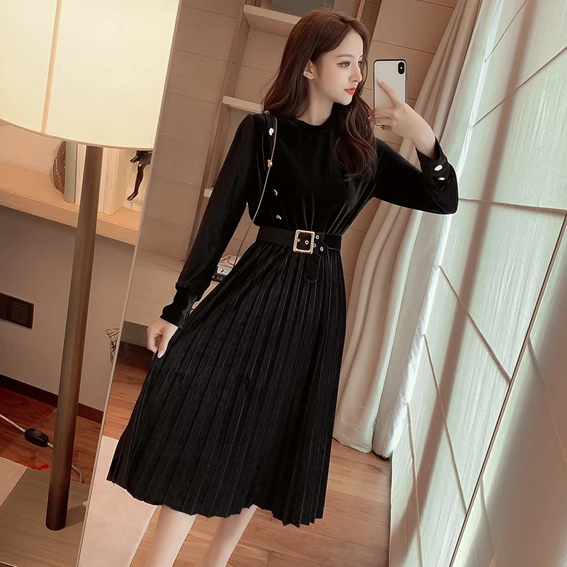 3 Colors Velveteen Pleuche Womens Dress Autumn Winter Long Sleeve Vintage Long Vestidos Female Party Casual Burgundy Black Green