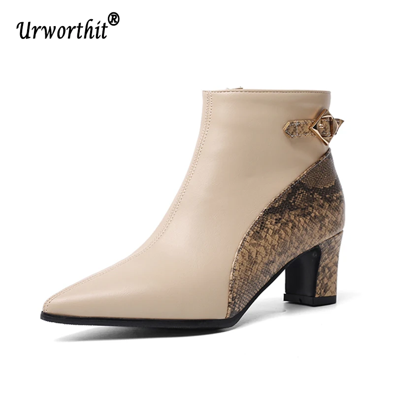 2019 г. Зимние Роскошные женские Теплые ботильоны на меху с змеиным узором короткие