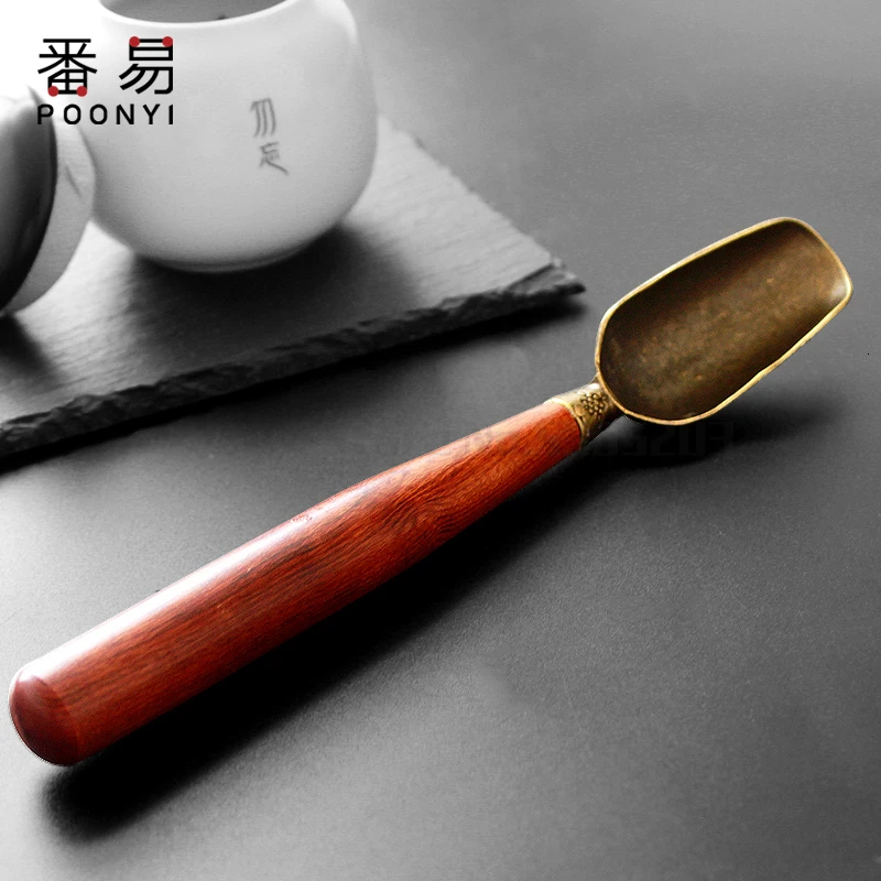 Чайная ложка из черного сандалового дерева, маленькая ложка из японского бамбука с длинной ручкой, ложка из чистой меди, чайная лопатка, чайный набор из твердой древесины