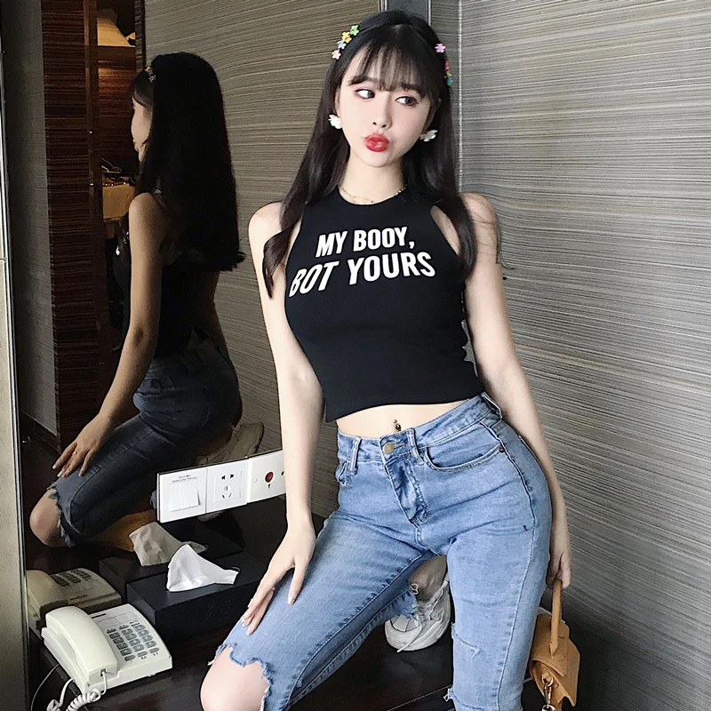 

Sexy Women Crop Top 2020 Summer Backless Letter Print Strap Tank Tops Cropped Feminino Ladies Elastic Shirt Vest Camisole