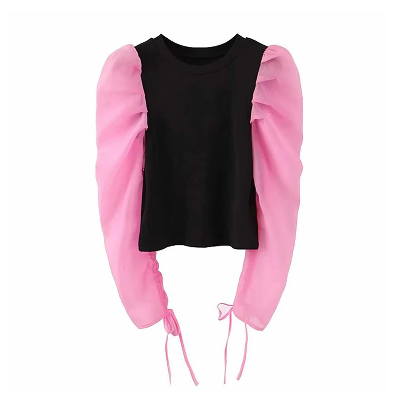 Cheap Women sweet patchwork blouse O neck long puff sleeve shirt female office wear basic cute tops blusas