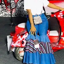 Женские джинсовые расклешенные брюки ретро облегающие джинсы Широкие брюки высокая леди случайный звонок-низ ниспадающие Гофрированные Брюки