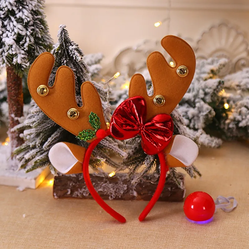 Christmas Reindeer Antler Headband With Red Rudolph Nose Xmas Party Costumes Headwear Accessories Gifts Christmas Decorations