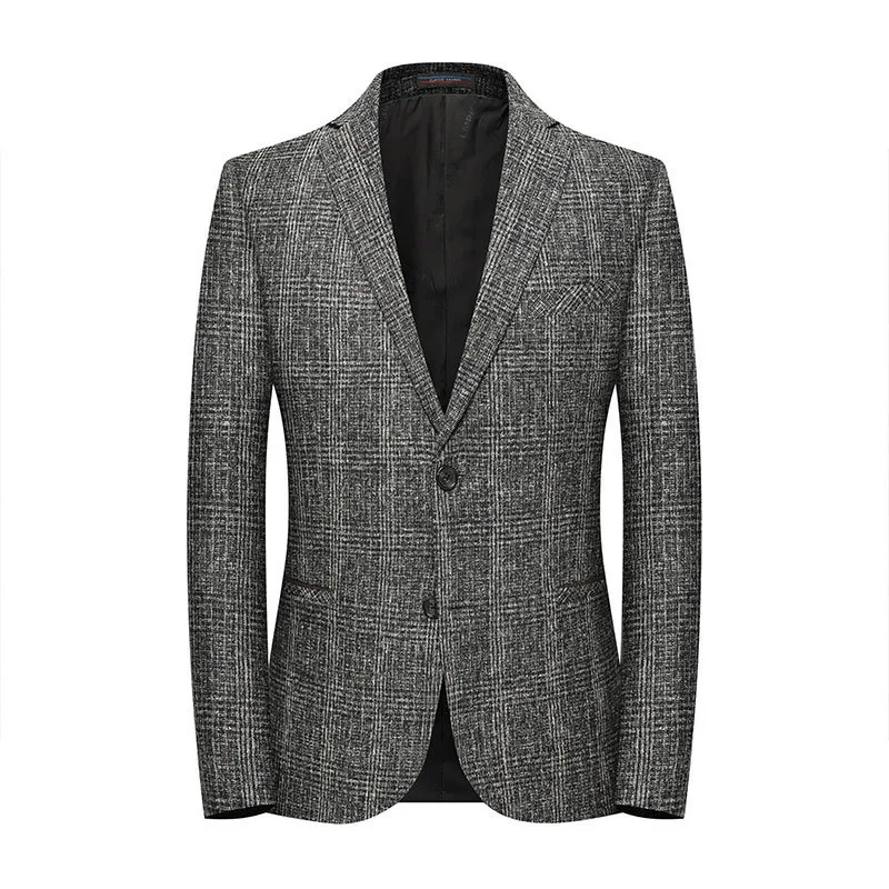 2019 Coffee Grey Plaid Men Blazer Smart Casual Double Button Blazer Jacket Slim Fit Fashion Business Suit Male Costume Coat