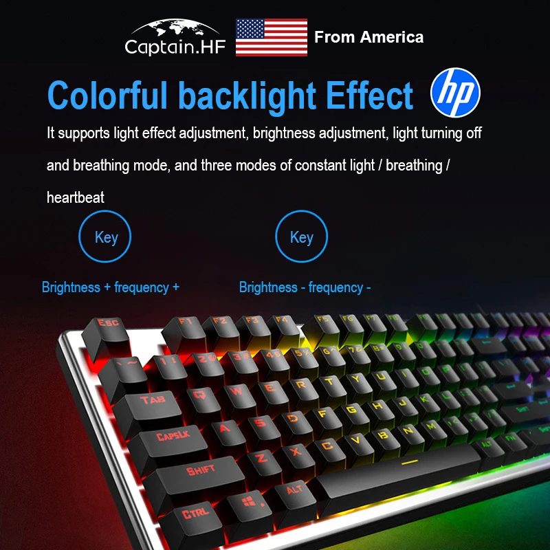 US Captain HP Mechanical Gaming Keyboard K500 Wired USB,Red Switches, RGB LED Backlighting, Anti-Ghosting, 2-Way Adjustable Legs
