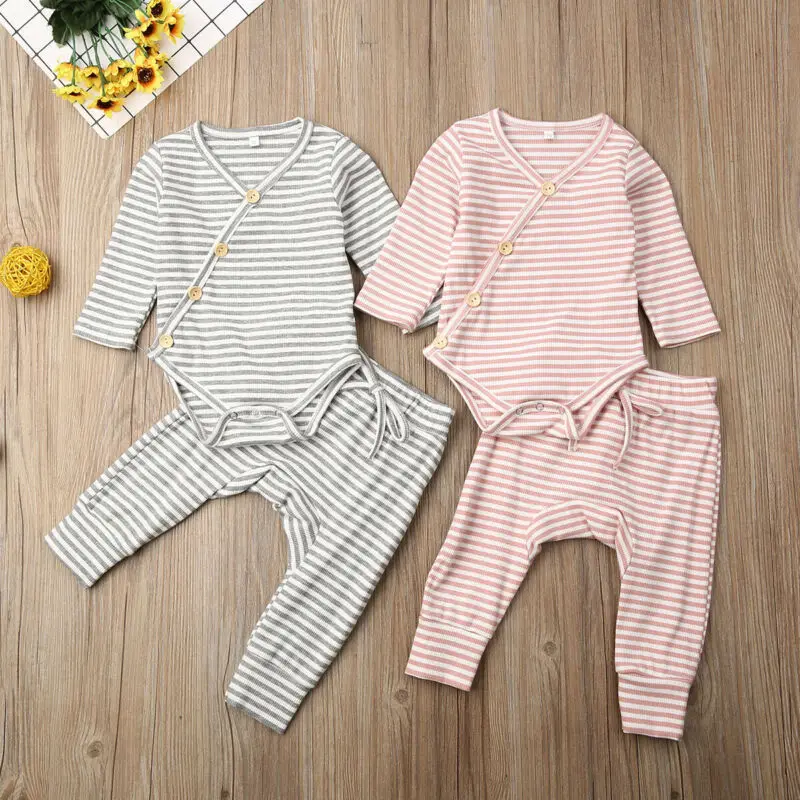 Autumn Clothes 2PCS Newborn Baby Girl Boy Clothes Knitted Striped Romper V Neck Button Jumpsuit Trouser Outfit Baby Set 0-18M