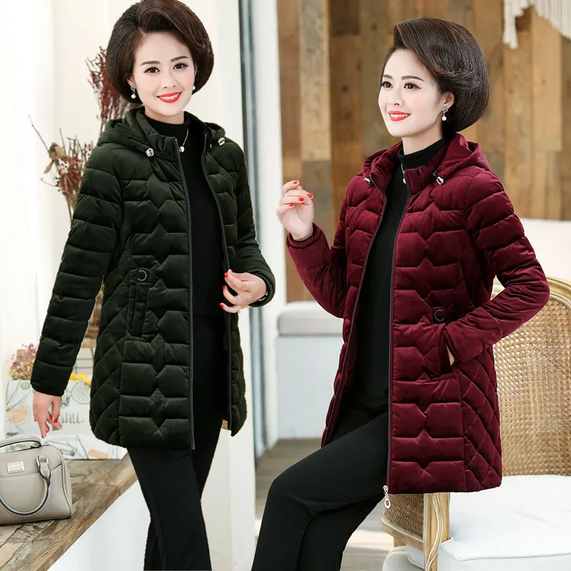 

Middle-aged WOMEN'S Apparels Winter Solid Color Cotton-padded Clothes Mid-length Large Size Cardigan Grandma-Thick Gold Velvet H