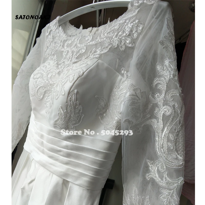 SATONOAKI скромные с длинным рукавом турецкие свадебные платья совок Сатиновые аппликации A-Line свадебное платье с карманами Vestidos de Novia