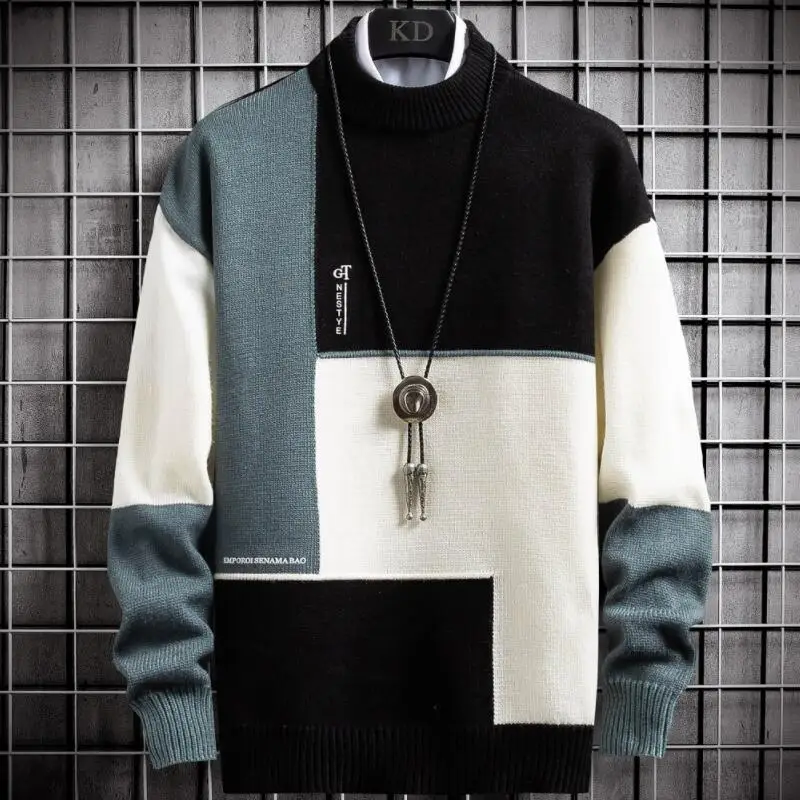 

New Winter Cashmere Warm Sweater Men Turtleneck Mens Pullover Patchwork Slim Fit Sweaters Tops Knitted Men's Christmas Jumper