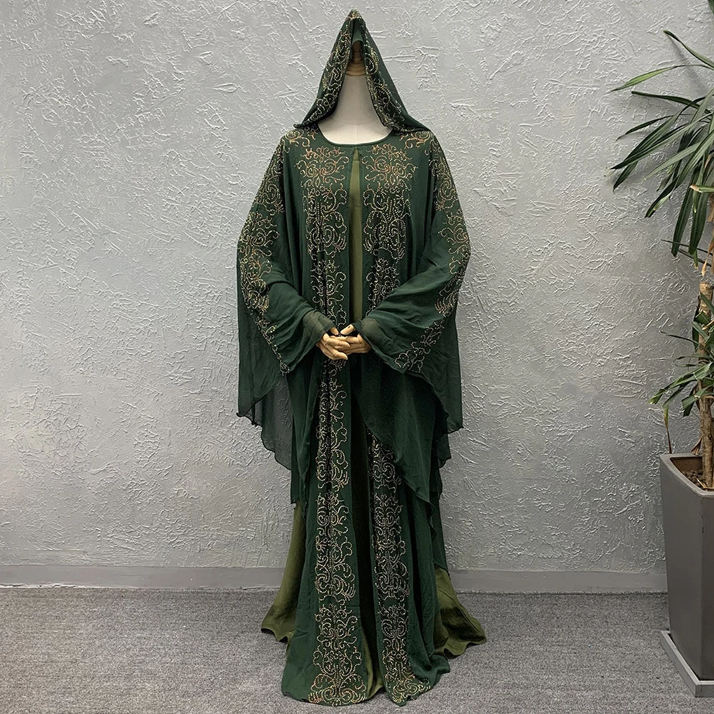 Siskakia Muslim African Chiffon Satin Rhinestones Abaya Fake 2pcs Loose Plus Size High-end Cool Summer Gown Dress+ Hijab 2020 |