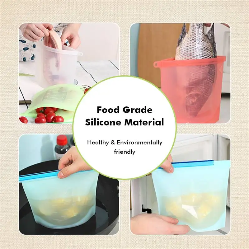 4Pcs/lot 1000ml Kitchen Food Sealing Storage Bag Reusable Refrigerator Fresh Bags Silicone Fruit Meat Ziplock Kitchen Organizer