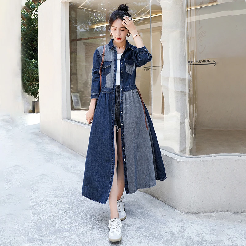 

EHQAXIN Womens Denim Dresses Summer Autumn Fashion Striped Stitching High Waist A-Line Over-The-Knee Buttons Long Dress M-3XL