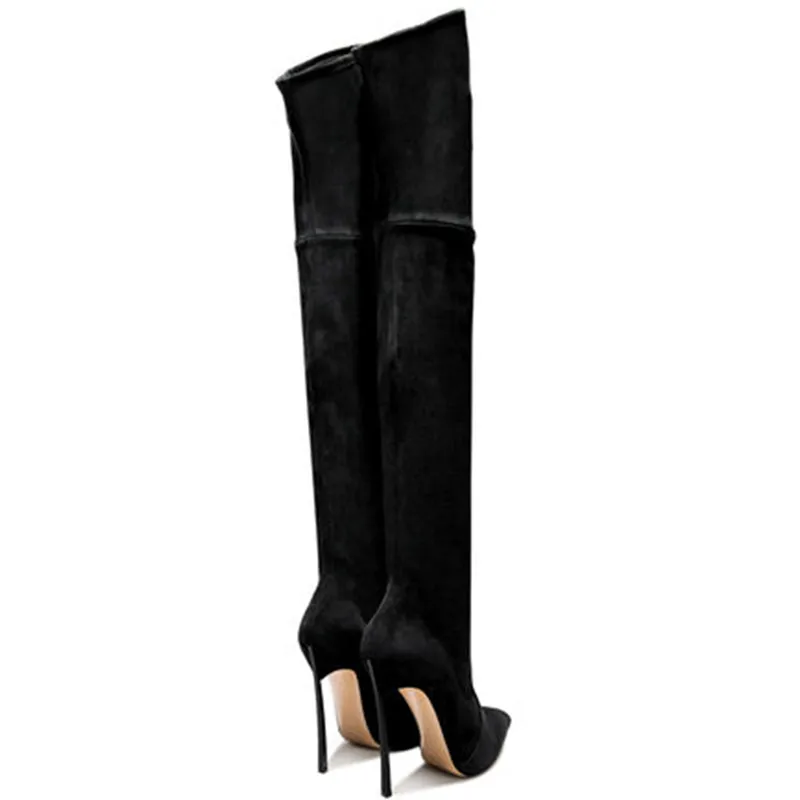 MStacchi/модные эластичные замшевые сапоги; женские Сапоги выше колена на высоком каблуке для подиума; Mujer; коллекция года; высокие облегающие туфли-лодочки с острым носком; Feminina