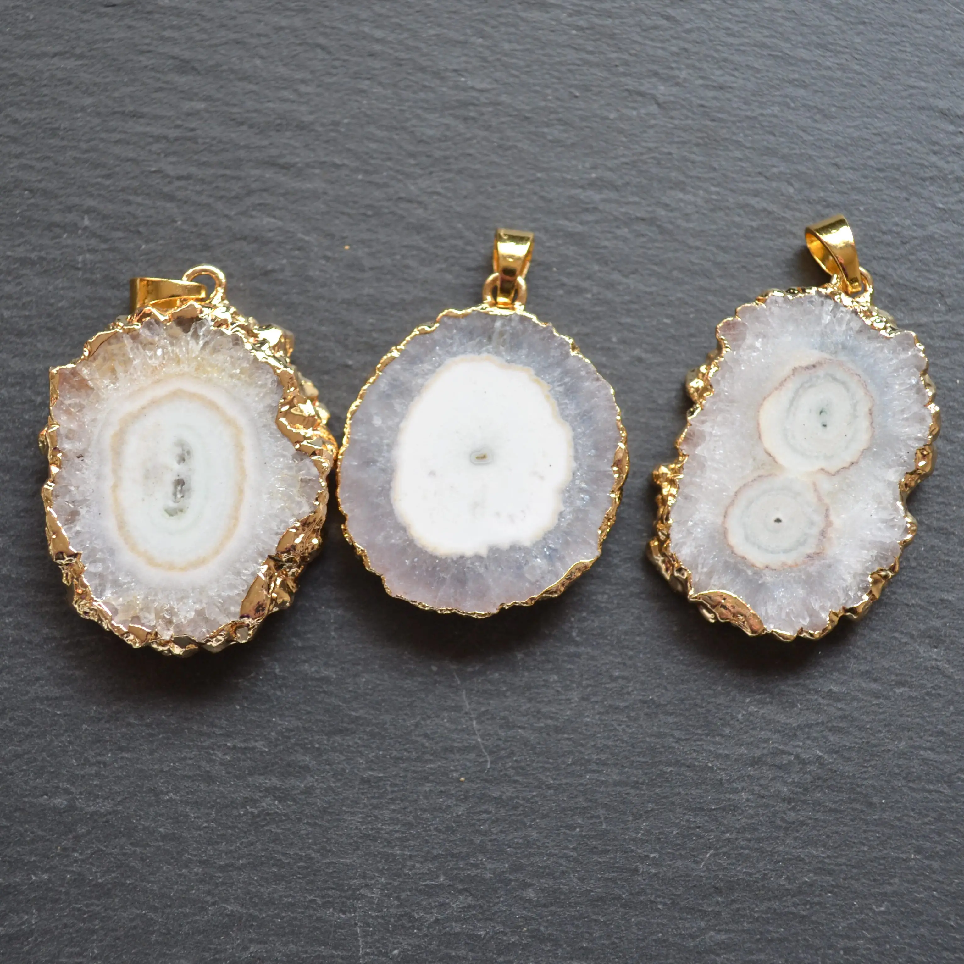 

Small White stalactite solar druzy slice pendant , white agates quartz pendants