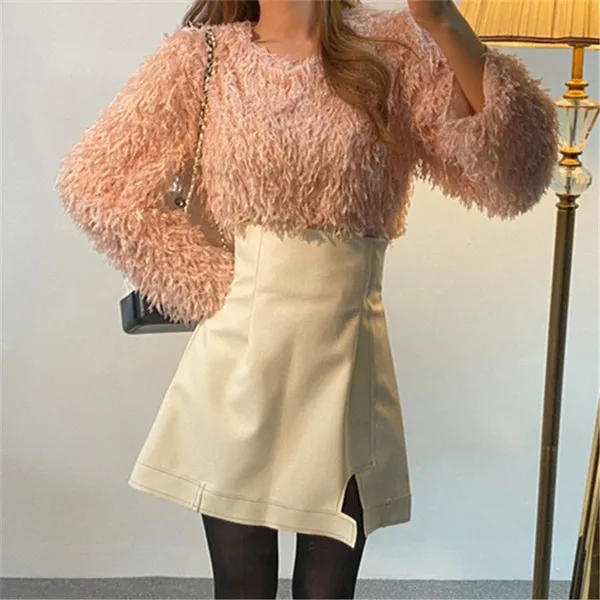RUGOD пушистые милые топы для женщин Kawaii однотонный элегантный топ Женская Корейская одежда рубашка с длинным рукавом Женская Simplee - Цвет: Розовый