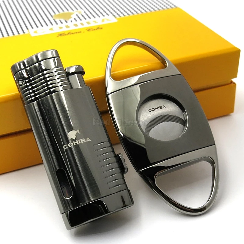 

COHIBA Black Metal Cigar Windproof Lighter 3 Torch Flame Cigarette Cigar Refillable Lighters With Punch Cutter Set