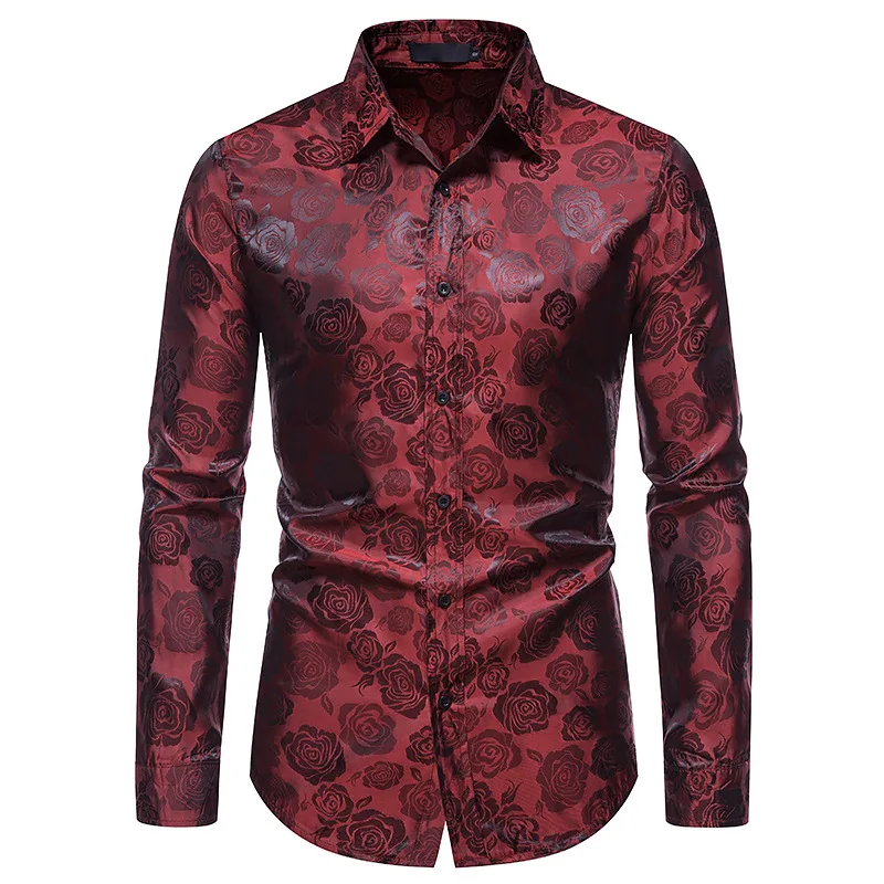 Long Sleeve Shirt Men Casual Shirt Men's Long Sleeve Button Shirt Rose Print Casual Shirt Slim Dress