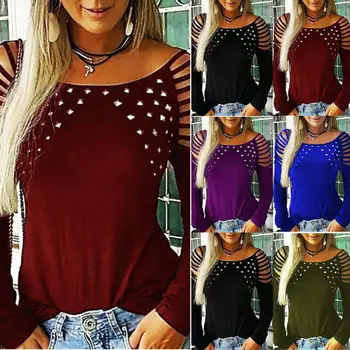

Fashion Ladies T-shirt Studded Hot-Skinned Off-Shoulder Long-Sleeved Top Women Hollow Loose T-Shirt Lady Casual Blouse Tops Tee