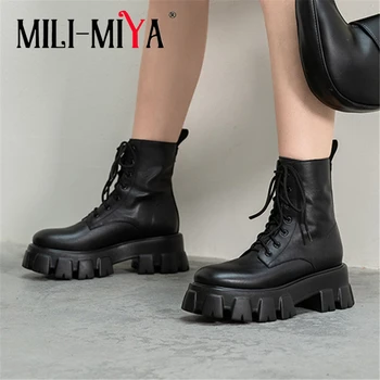 

MILI-MIYA Fashion Platform Women Cow Leather Ankle Boots Lace-Up Thick Heels Solid Color Round Toe Handmade Size 34-40