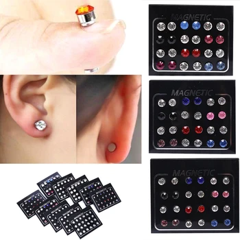 24Pcs/Set 3mm Crystal Round Ear Stud Unisex Stainless Steel Round Magnetic Non-Piercing Clip On Stud Earrings