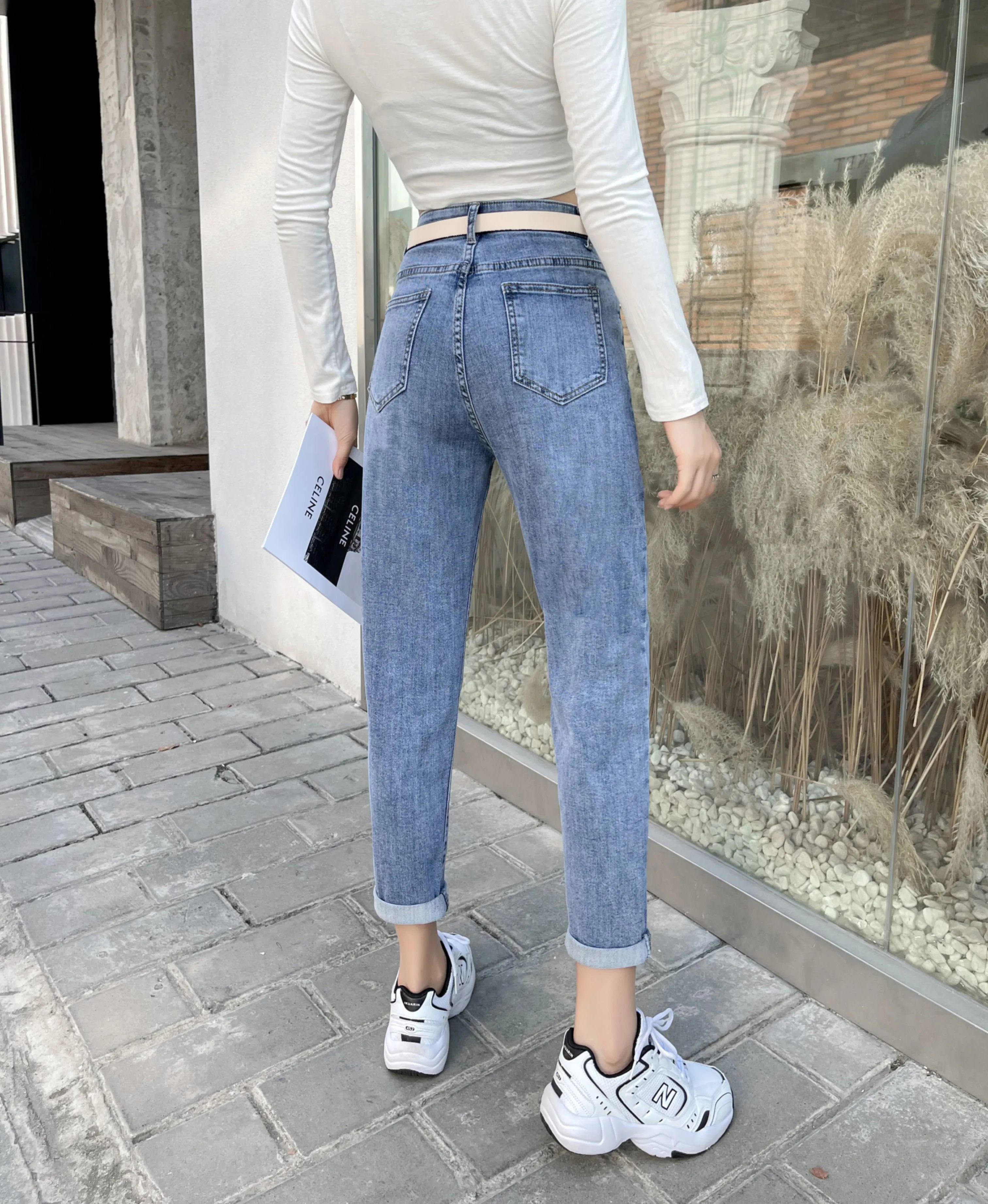 vaqueros rasgados para mujer, pantalones bombachos de altura corta, elásticos, adelgazantes, con primavera de 2021|Pantalones - AliExpress