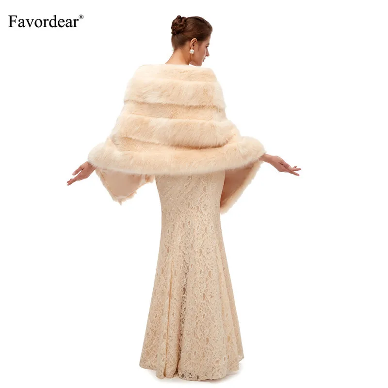Favordear Women's Champagne Winter Warm Casual Faux Fur Wraps Cape Outerwear Bridal Shawl Wedding Accessories New