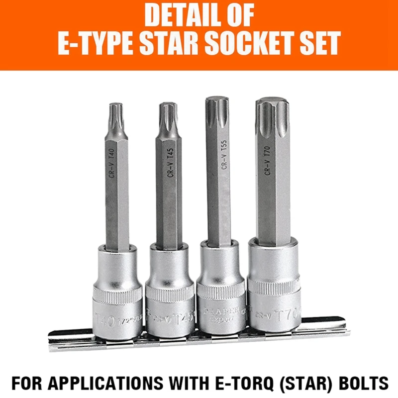 11Pc Female E Torx Star Socket Set/Rail E4 E20 External Star Torque