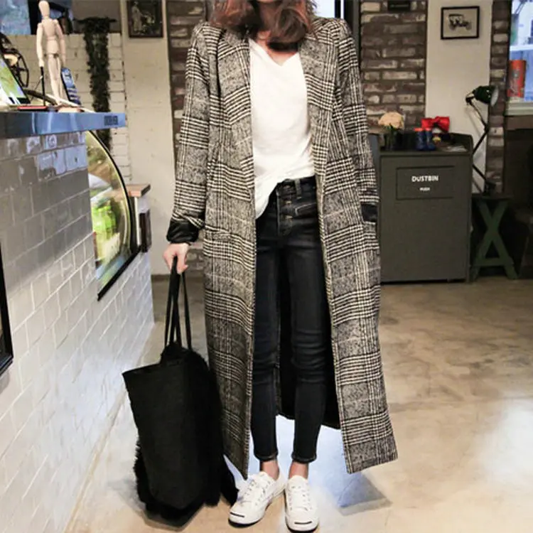 Женское зимнее пальто с длинным рукавом, теплое клетчатое шерстяное женское элегантное двубортное шерстяное длинное пальто размера плюс w014