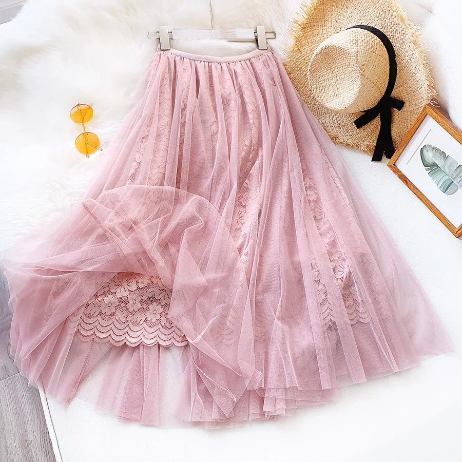 

New 2020 Spring and Summer Elegant Pleated Skirt Floral Embroidery A Word Bud Silk Gauze Skirt Women Faldas Saias V178