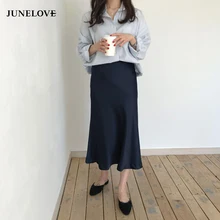 JuneLove Женская Осенняя элегантная юбка с высокой талией винтажная однотонная женская юбка-Русалка Faldas Mujer Женская тонкая юбка Jupe Femme Saia Longa
