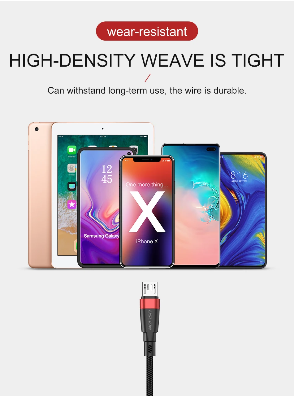 USLION Micro USB кабель для Xiaomi Redmi Note 5 Pro 1m 2m 3A QC3.0 usb кабель для зарядки данных для samsung S7 зарядное устройство для мобильного телефона