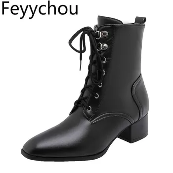 

Women's Boots Square Toe 2019 Autumn and Winter New Med-heeled Front Lace Ladies Martin Boots Mid-Calf Black Big Size 34-45