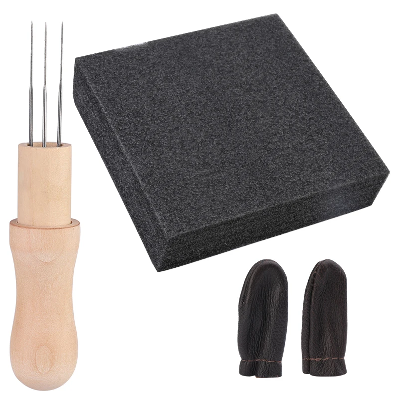 RORGETO 3Pcs Wool Felting Needles Tool Kit Felting Needle with Three Needles Leather Finger Cot Black Sponge Pad DIY Felt Craft