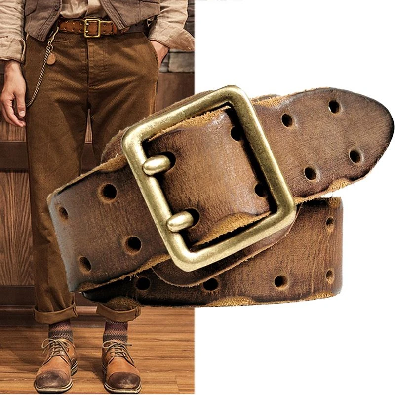 3.8CM Double Needle Belt Buckle Hypoallergenic Belt Luxury Thick Retro Leather Belt Men Men's Jeans Belt Military Belt