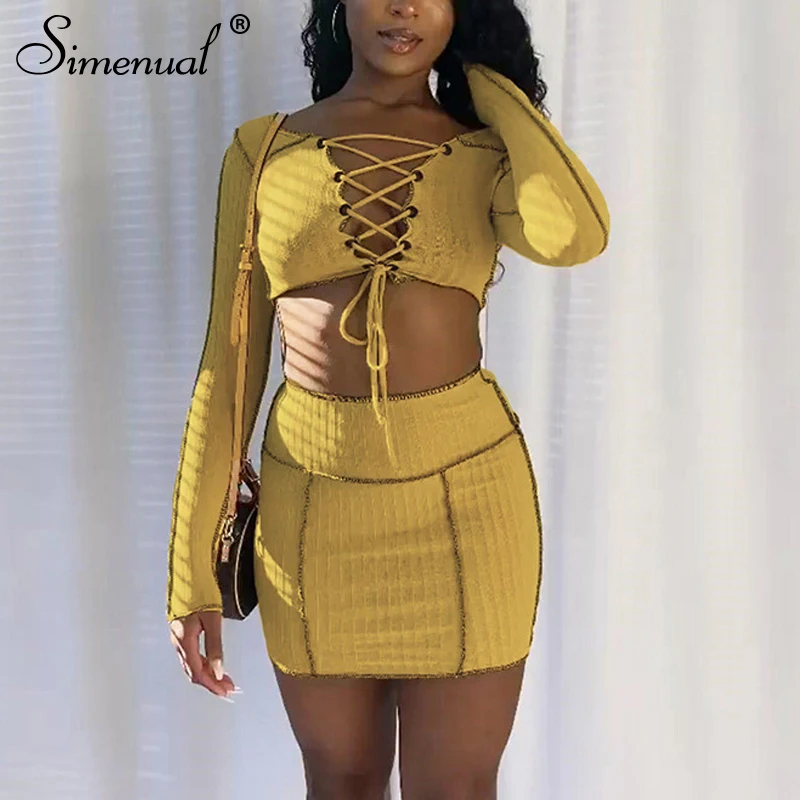 

Simenual Ribbed Lace Up Long Sleeve Matching Sets Women Club Partywear Top And Mini Skirt Two Piece Outfits Solid Skinny Bodycon
